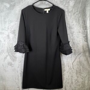 Prelude Womens Black Shift Dress S 3/4 Ruffle Sleeve Floral Applique Cocktail